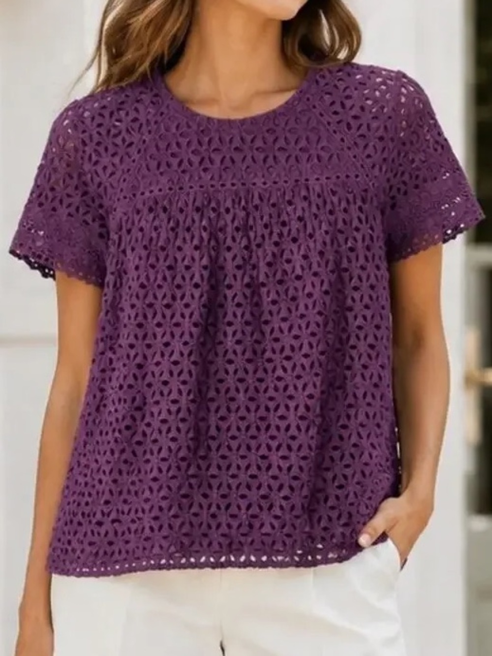 J. Crew 100% Cotton Purple Crochet Eyelet Short Sleeve Blouse
